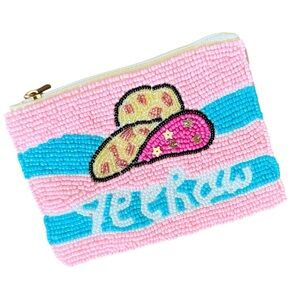 Handmade Yeehaw Cowboy Hat Beaded Coin Purse Pouch Pink & Blue Zip Lipstick New!